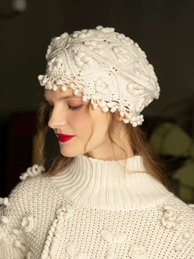 Crochet Fringe Beret Women Autumn and Winter French British Vintage Cashmere Knitted Hat Beautiful Handmade Cashmere Hat