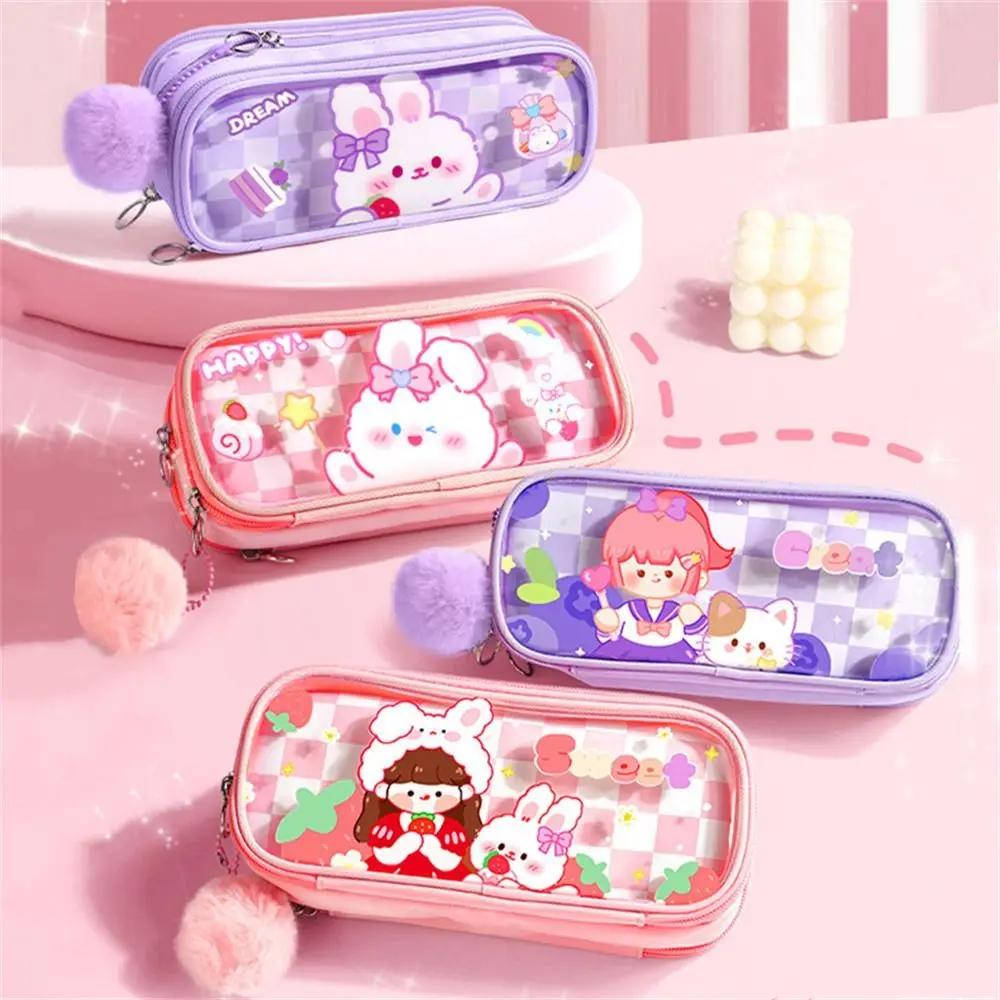 

Large Capacity Pencil Cases Back To School Girl Rabbit Transparent Pen Box Three Layers Pink Purple Pencil Bag Stationery