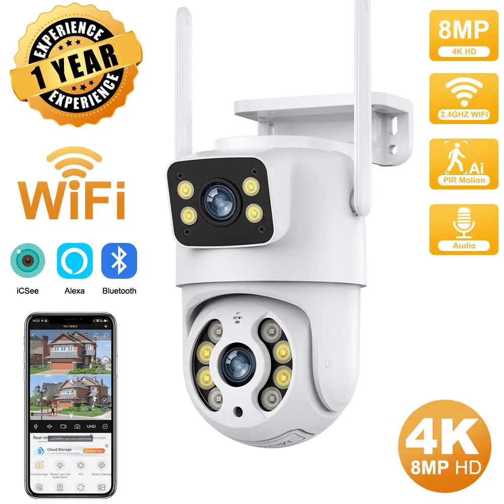 4K 8MP Dual Lens Wifi Surveillance Camera 4X Digital Zoom AI Human Detect ONVIF Wireless Outdoor Security PTZ IP Cameras