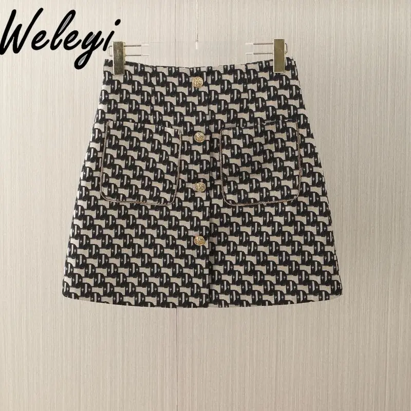 

Elegant Front Pocket Metal Buttons Printed Short Skirt Women 2024 New France Style Romantic High Waist Slim Mini Skirts Female