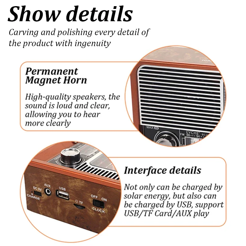 Radio portatile di emergenza retrò ricevitore Radio FM/AM/SW1-6 altoparlante BT lettore musicale MP3 solare con supporto per luce a LED scheda USB/TF