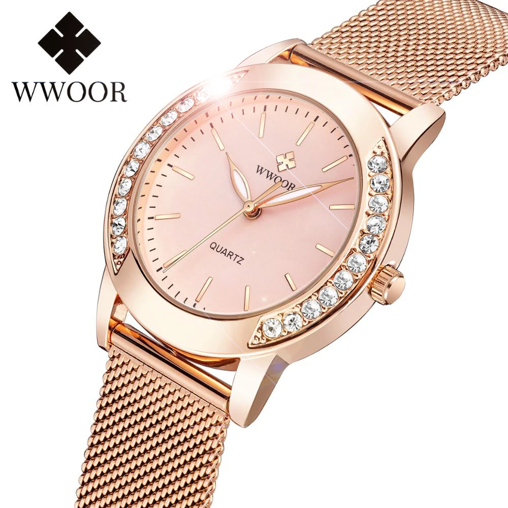 WWOOR Luxury Diamond Ladies Watches 2024 Top Brand Fashion Women Quartz Wrist Watch Rose Gold Mesh Band Bracelet Watch For Women