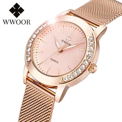 WWOOR-relojes de lujo con diamantes para mujer, pulsera de cuarzo con banda de malla de oro rosa, marca superior a la moda, 2024