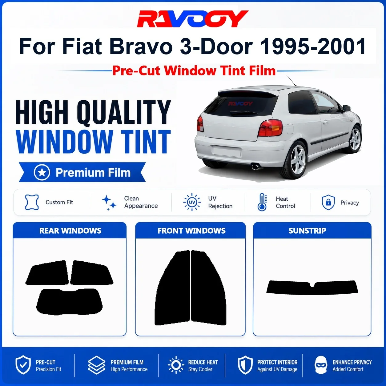 Premium Pre-Cut Window Tint For Fiat Bravo 3-Door 1995-2001 Front & Rear Windows UV Heat Rejection Privacy Film