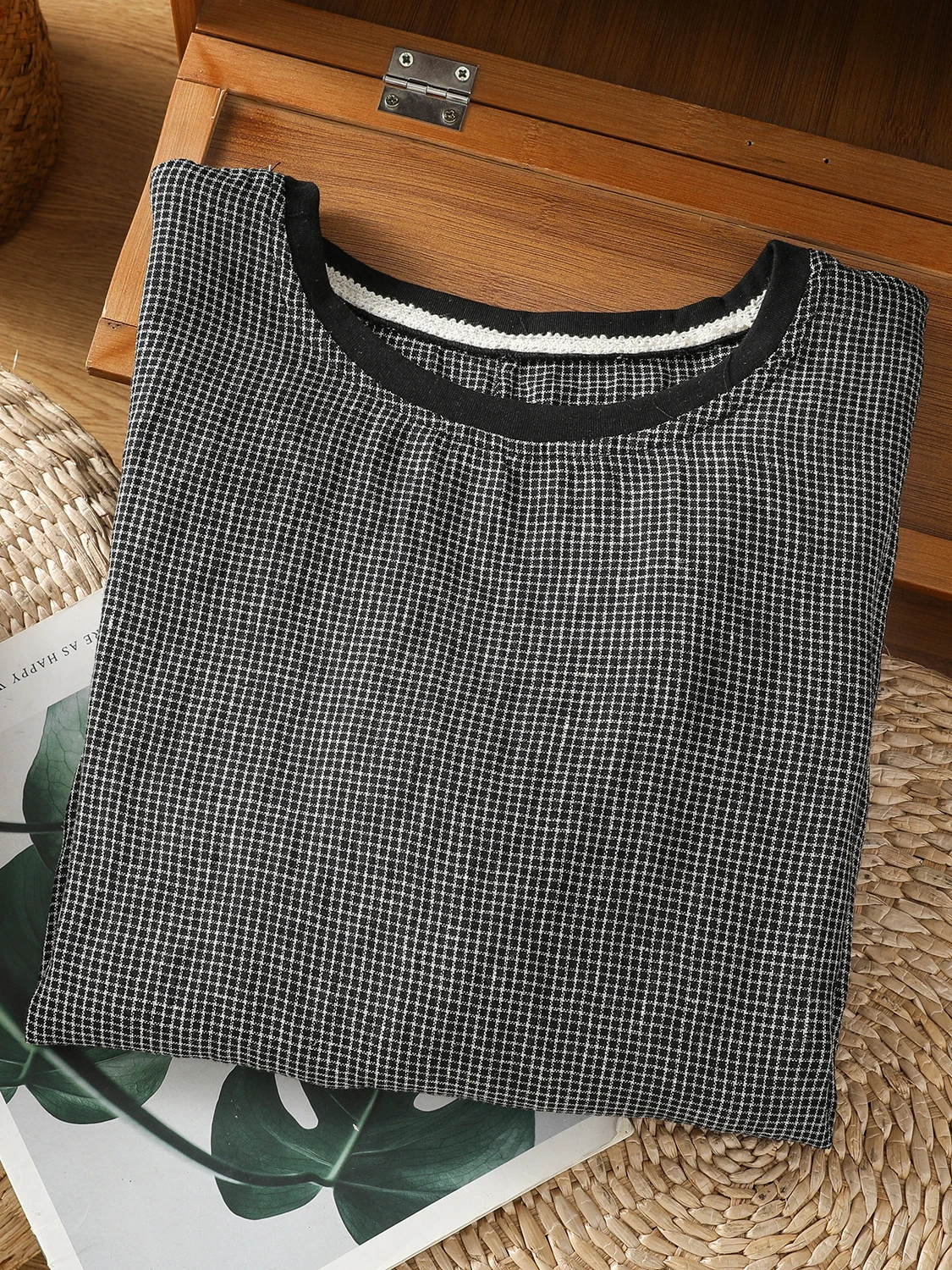 

Retro Small Plaid Cotton Linen ort Sve T-irt Women Summer Artistic Loose Casual Color Blo round Ne Linen Top