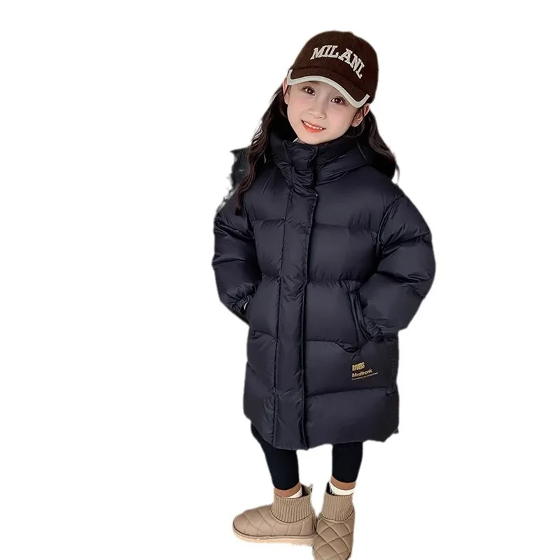2024 Winter 110-170cm Girls Long Thick Warm Long Parkas with Pocket Kids Hooded Coat Outerwear Two Colors