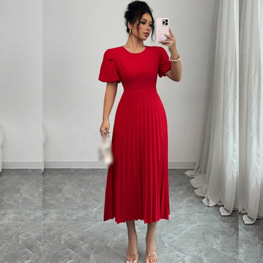 

Customized Chinese Style Jersey Pleat A-line Scoop Neck Midi Dresses Bespoke Occasion Matching Simple