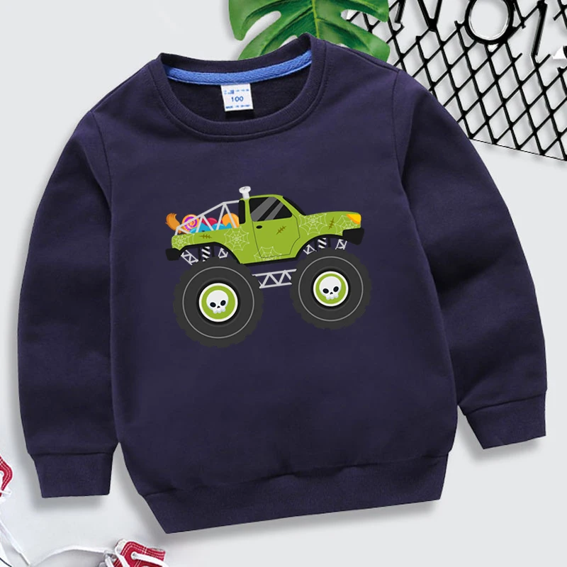 Spring Autumn Kids Halloween Monster Truck Sweatshirts Trendy Cartoon Style Tracksuit for Boys Girls Round Neck Halloween Hoodie