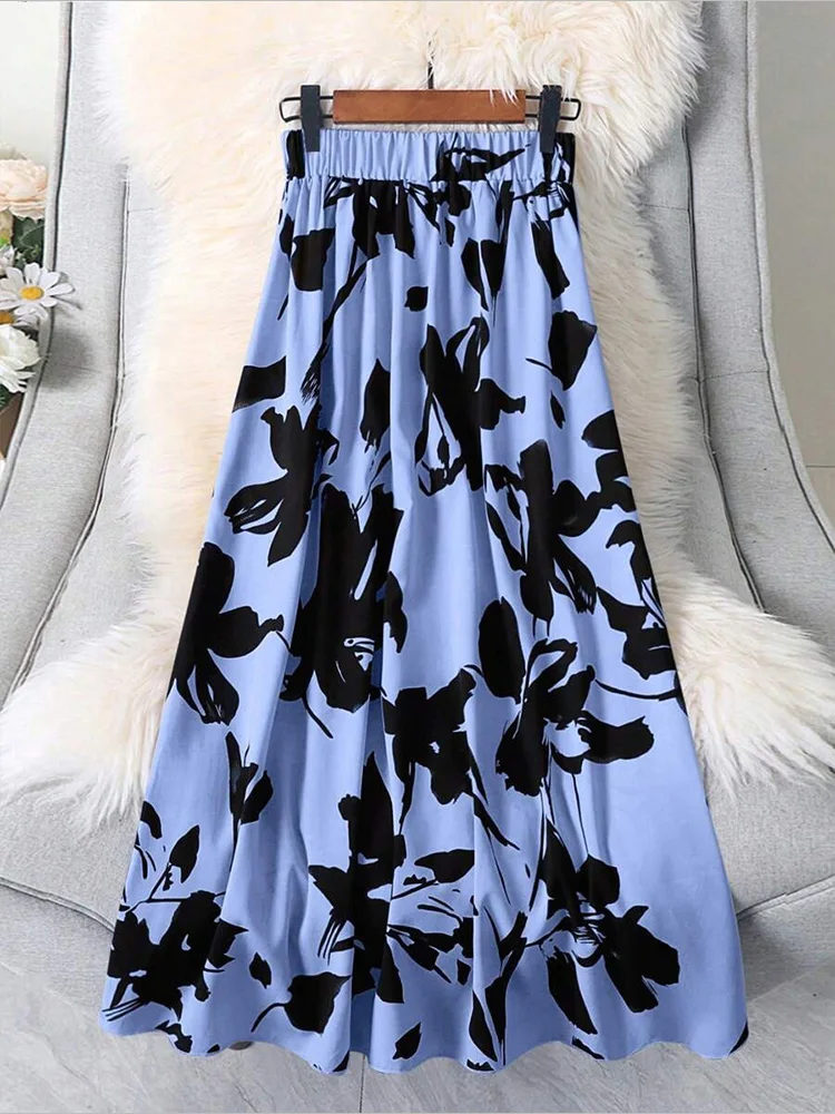 

Женское повседневное светло-голубое длинное платье, эластичная талия, черный цветочный принт большого размера - идеальный выбор на весну и осень.