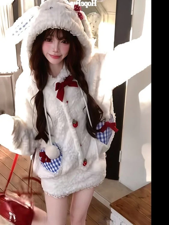 

Зимняя теплая шуба из ягненка с милым бантом и кроличьими ушками, шляпа на молнии, открытый кардиган, юбка, комплект Sweet Sle Long Sve для взрослых женщин