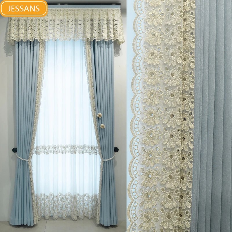 Simple Light Blue Lace Embroidered Window Screen Thickened Spliced Curtains for Living Room Bedroom Floor-to-ceiling Windows