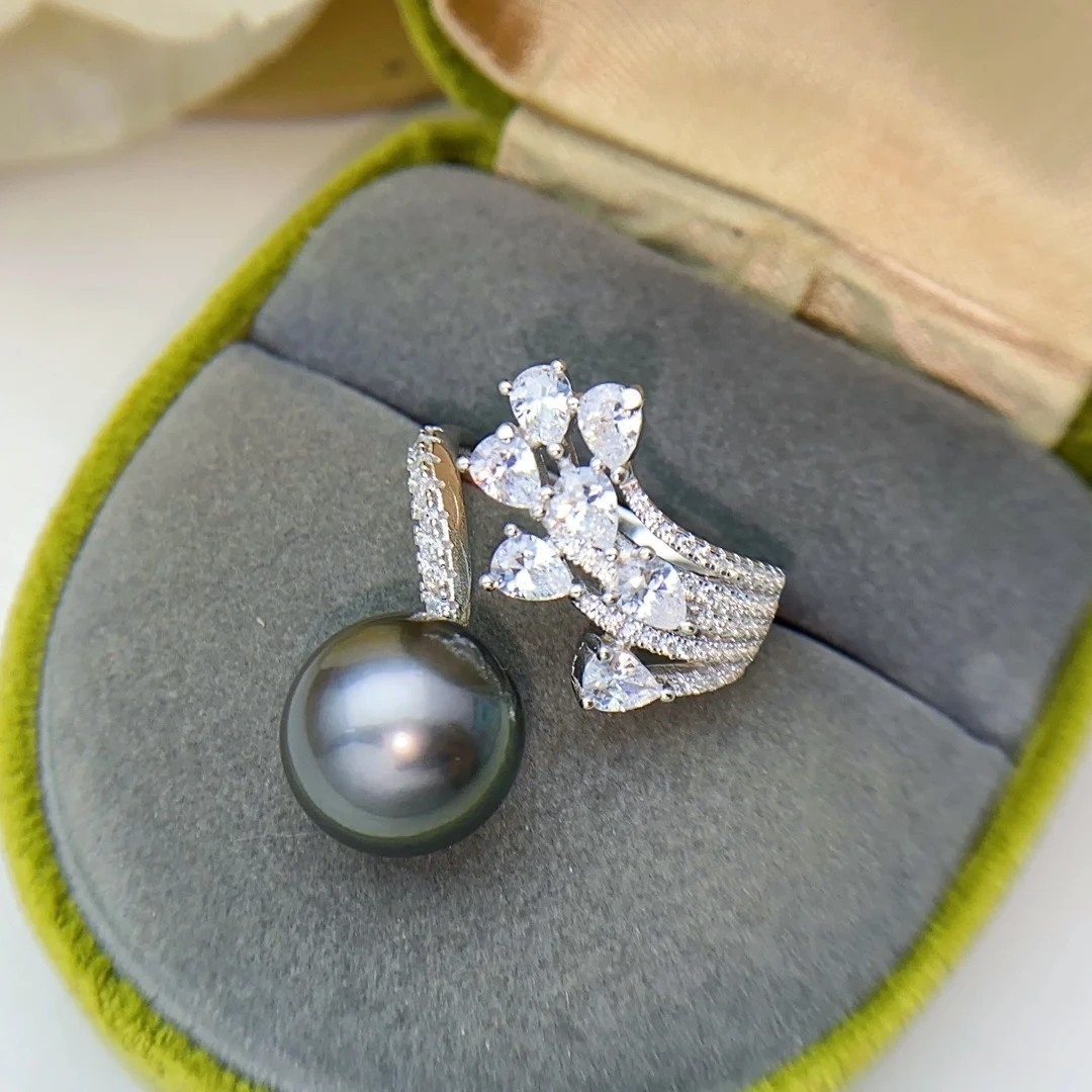 

JCY25 Pearl Ring Fine Jewelry 925 Sterling Silver 11-12mm Natural Round Ocean Sea Water Tahiti Black Pearls Rings for Women