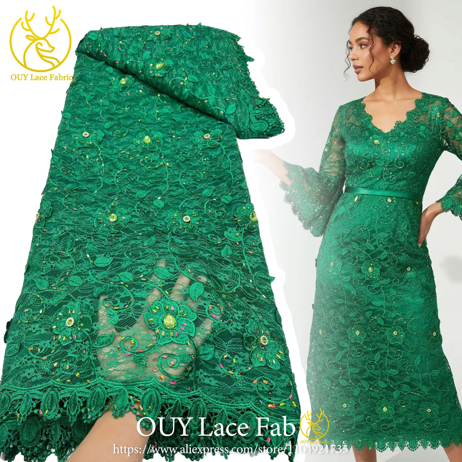 

Green African Large Stone Guipure Cord Lace Fabric 2026 New Arrival High-Quality Nigerian Water-Soluble Lace Fabric Evening Gown