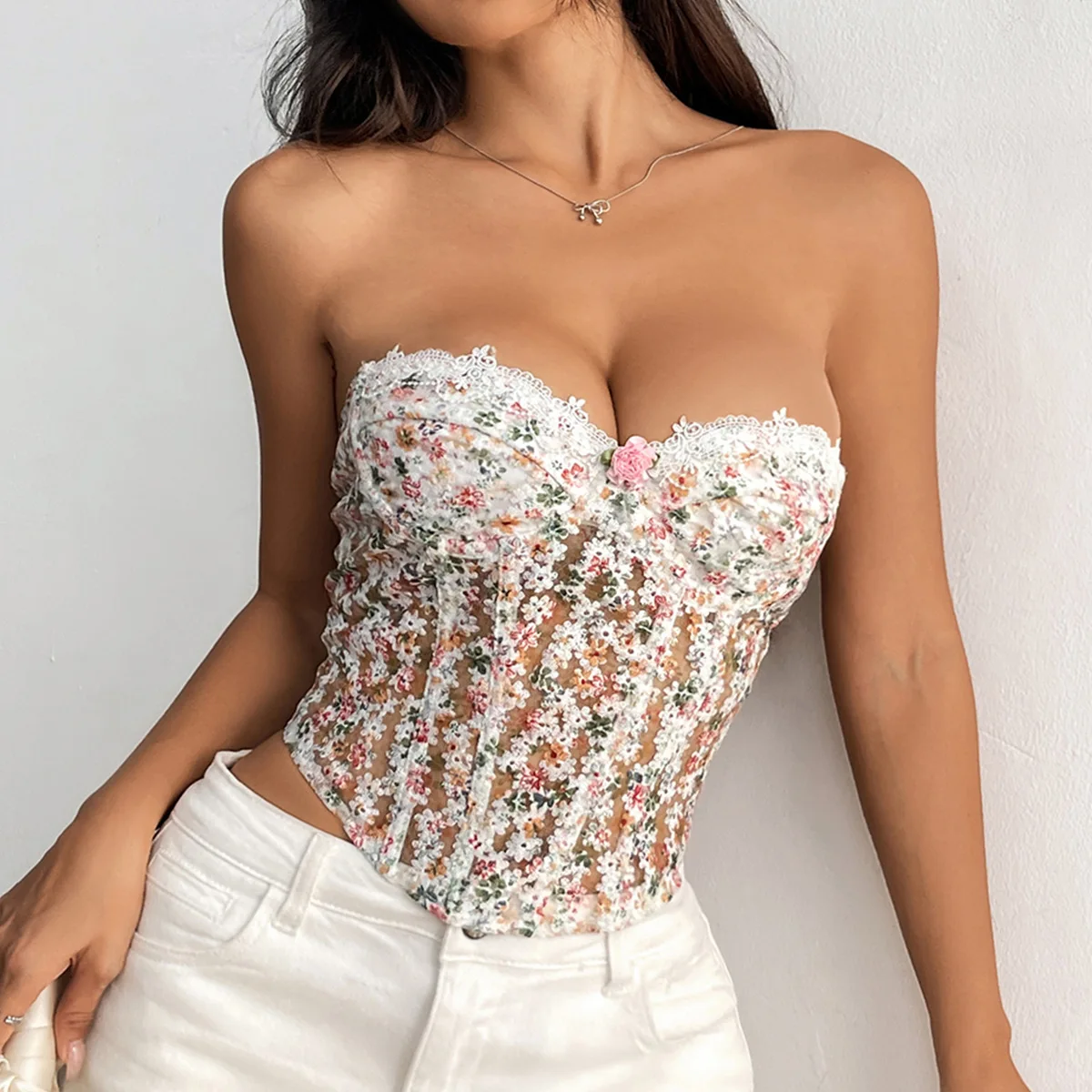 Pure Desire Hot Wind Flower Embroidery Steel Ring Fish Bone Gathering Slim Perspective Rope Tube Top for Women