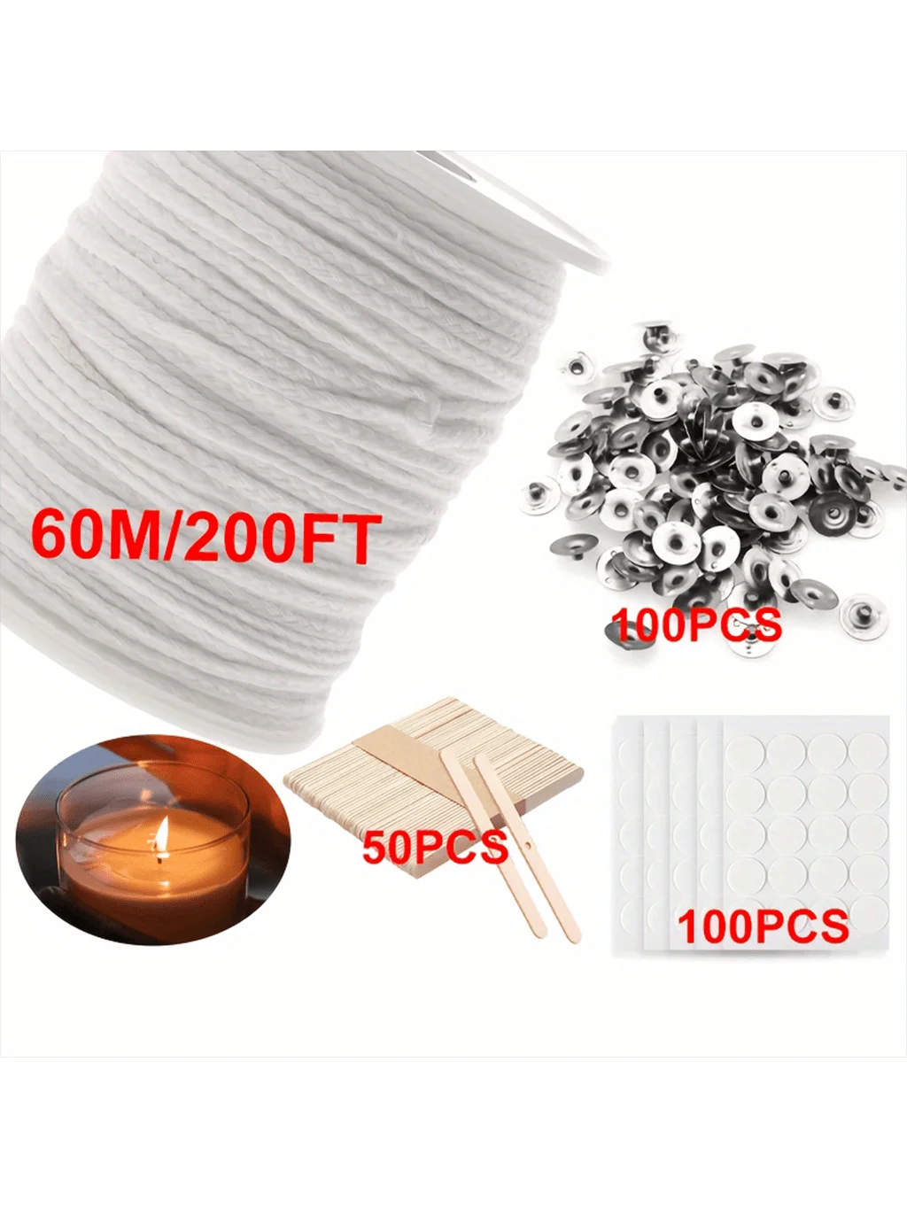 

1set Candle Wick Roll, Candle DIY Craft Making 200ft 24-layer Braided Wick Spools, 50pcs Candle Wick Holders, 100pcs Metal Suppo