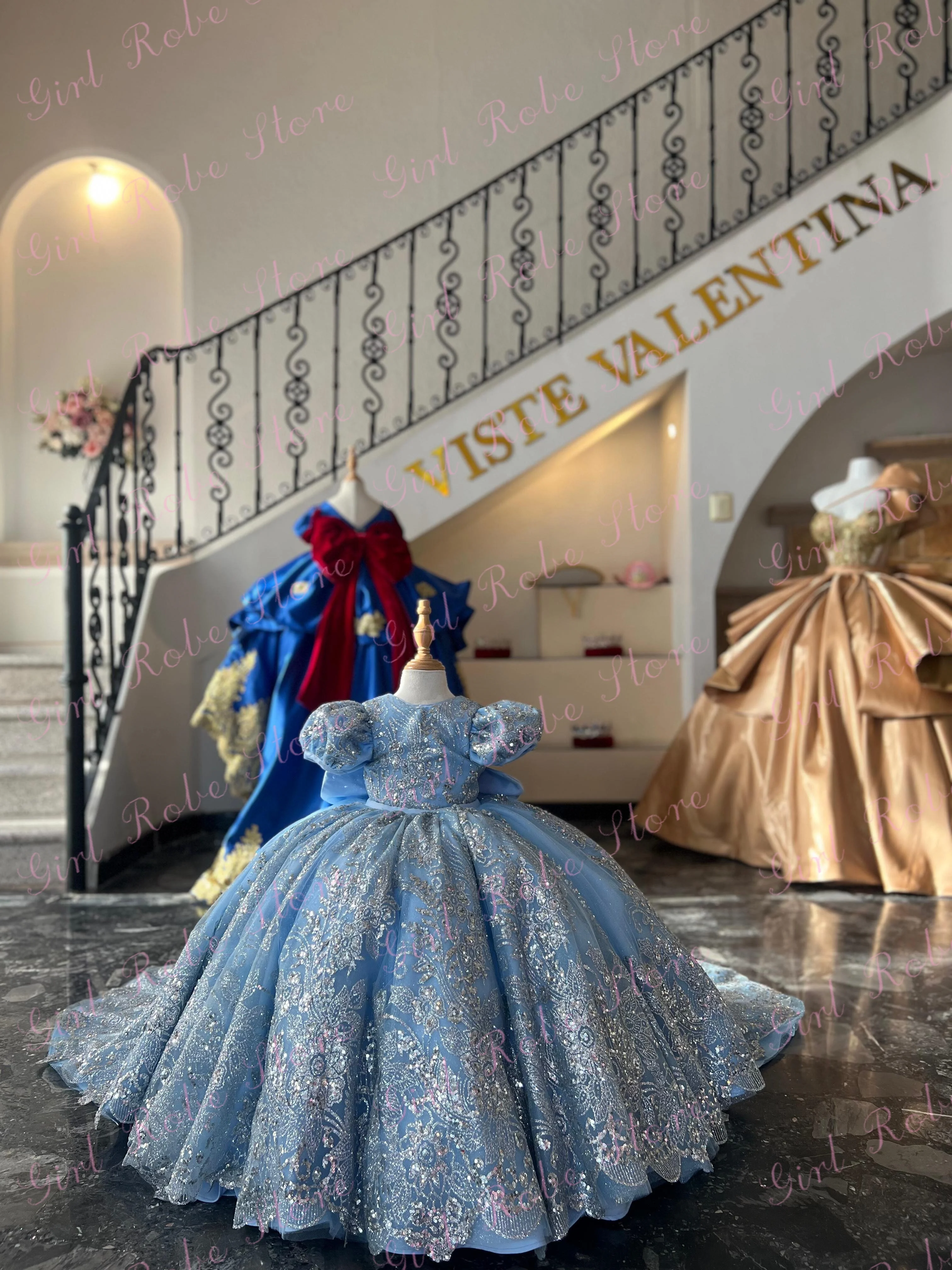 Princess Blue Satin Flower Girl Dress For Wedding Gorgeous Appliques Floor Length With Bow Sequins Kids Evening Party Ball Gown
