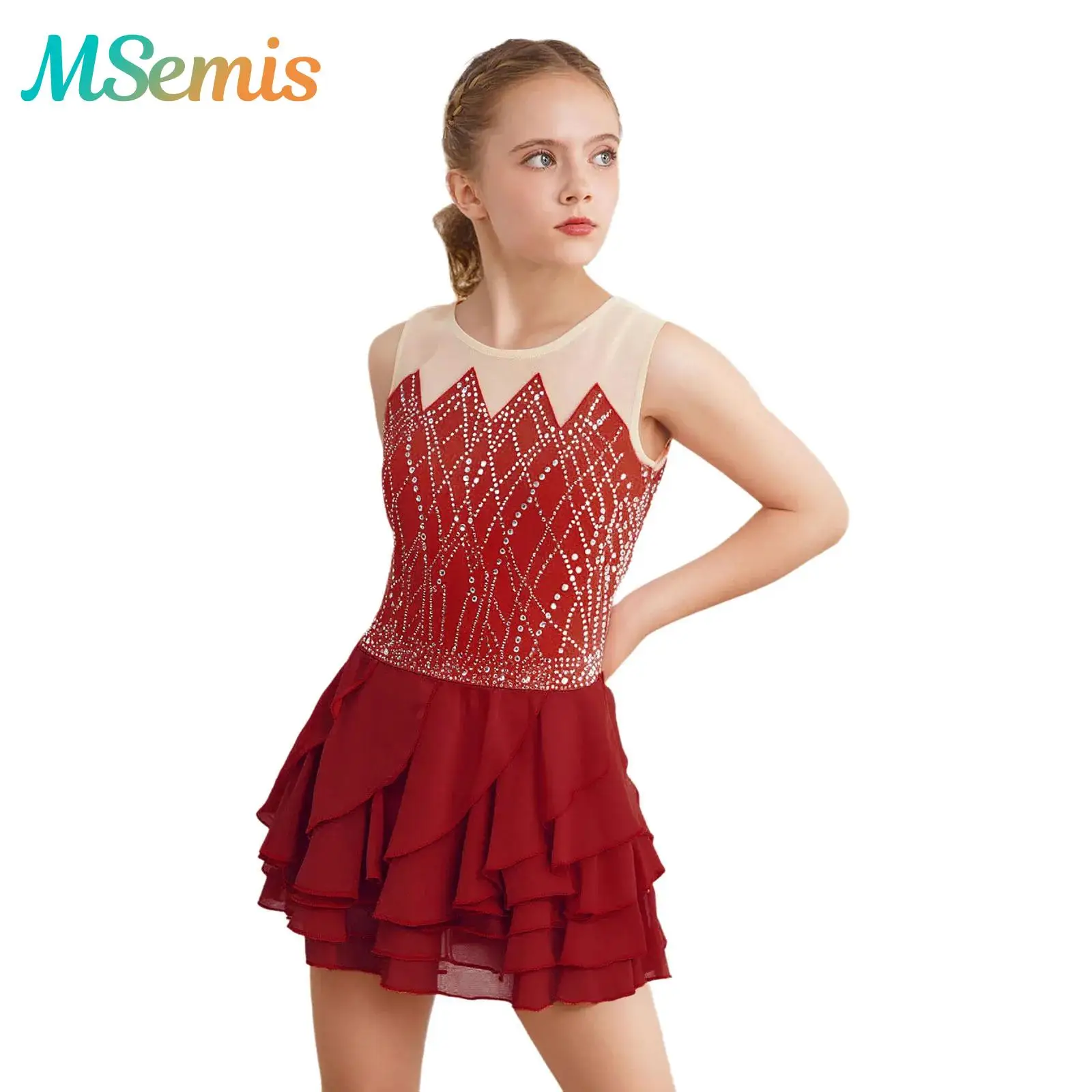 

Детские гимнастические трико для девочек, балетный трикотаж, танцевальный костюм для фигурного катания, блестящие стразы, многоуровневое платье с рюшами, танцевальная одежда