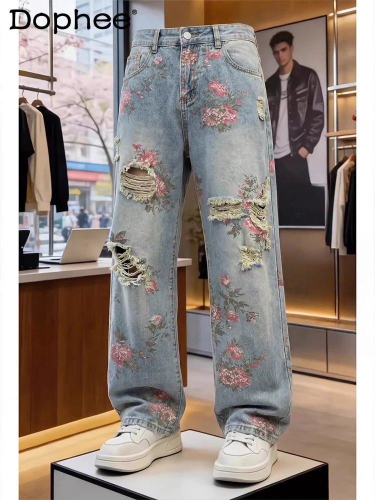 

Fashion Floral Hole Jeans Men's 2026 Summer New Trend Handsome High-end Denim Pants Rose Full Print Chic Straight Denim Trousers