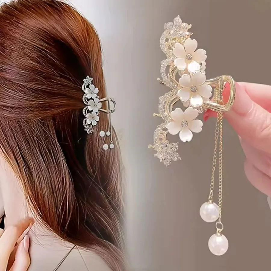 1PC Fashion Hair Clip Elegant Exqusite Crystal Flower Pearl Tassel Hair Claws For Women Girls Party Ponytail Hair Accessories