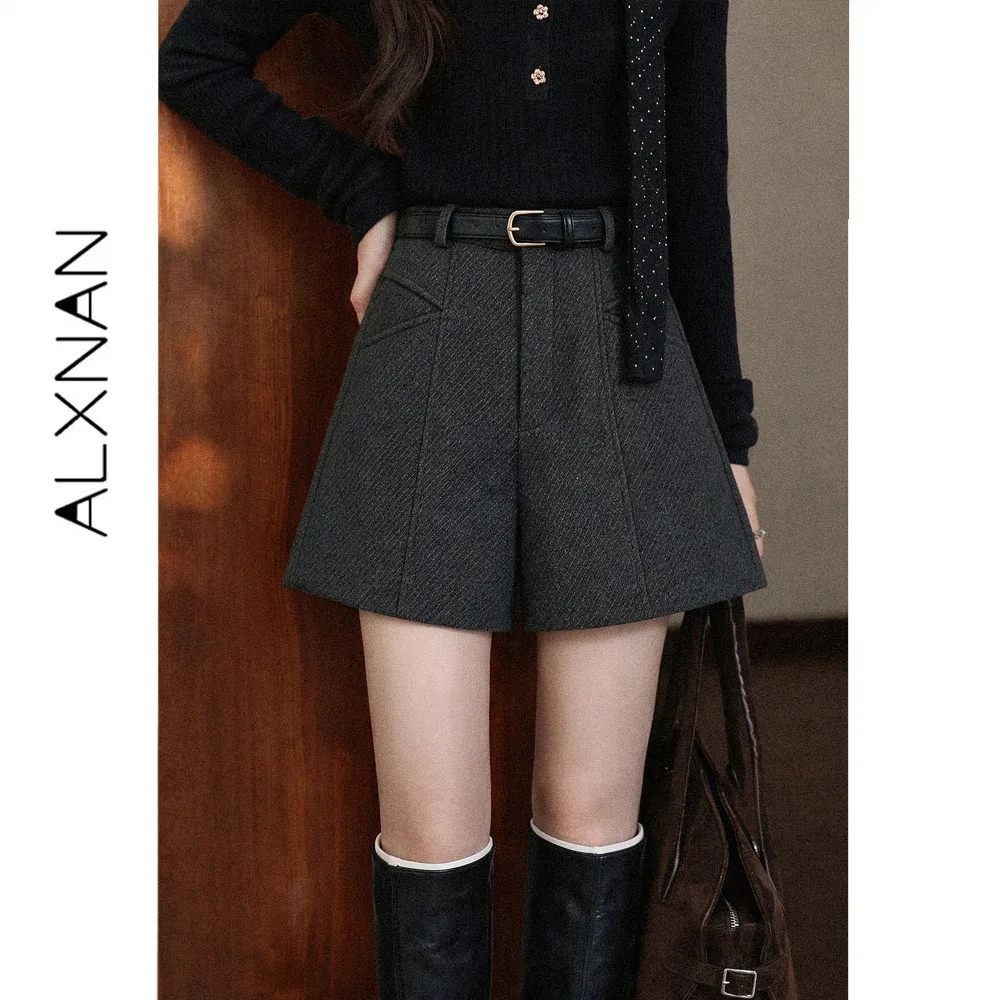 ALXNAN Dark Grey Casual Shorts Women Autumn High Waist Wide‑leg A‑line Short Pants 2026 Fashion Elegant Baggy Shorts L678131A