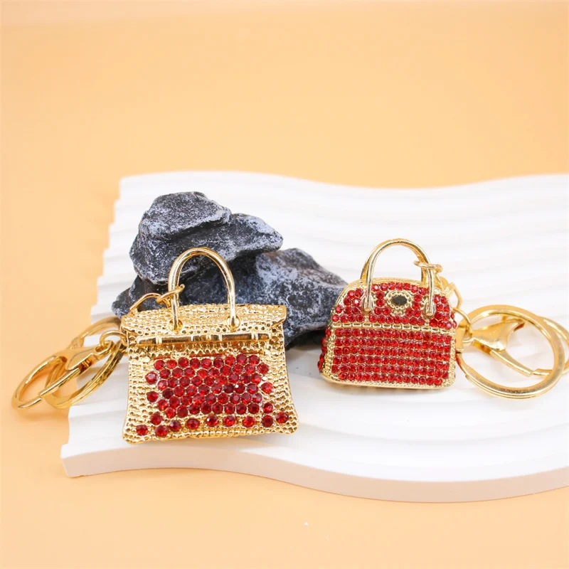 Creative Small Bag Shape Full Red Rhinestone Alloy Key Chain Exquisite Handbag Key Chain Car Pendant Gift