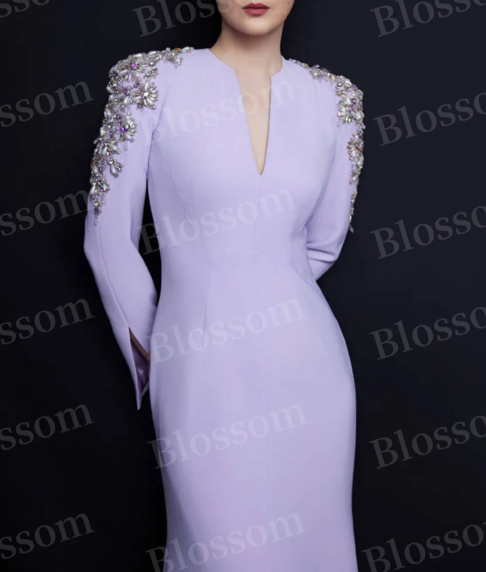 Lilac Rhinestone Beaded Prom Dresses Long Sleeves Floor-length V-neck Zipper-up Elegant Evening Dresses 2024 Formal Party Gown