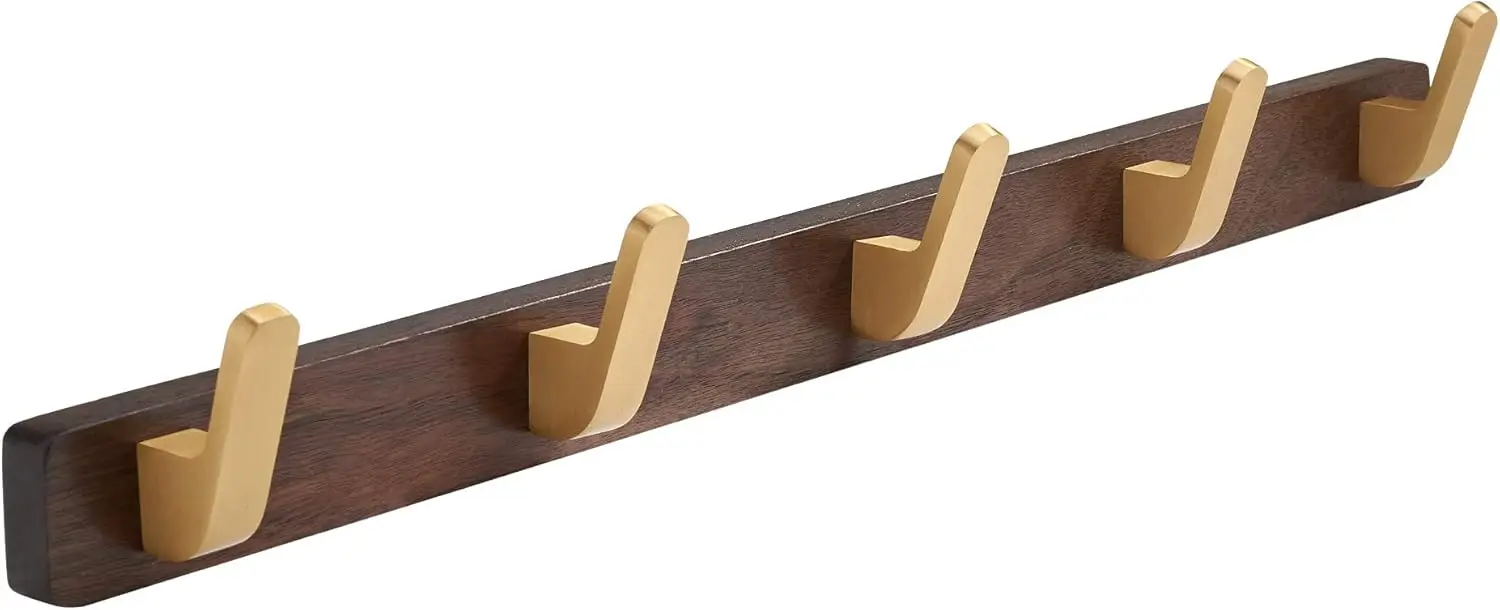 

Walnut Gold Metal Wood Coat Rack with 5 Hooks for Entryway, Wall Mounted Organizer