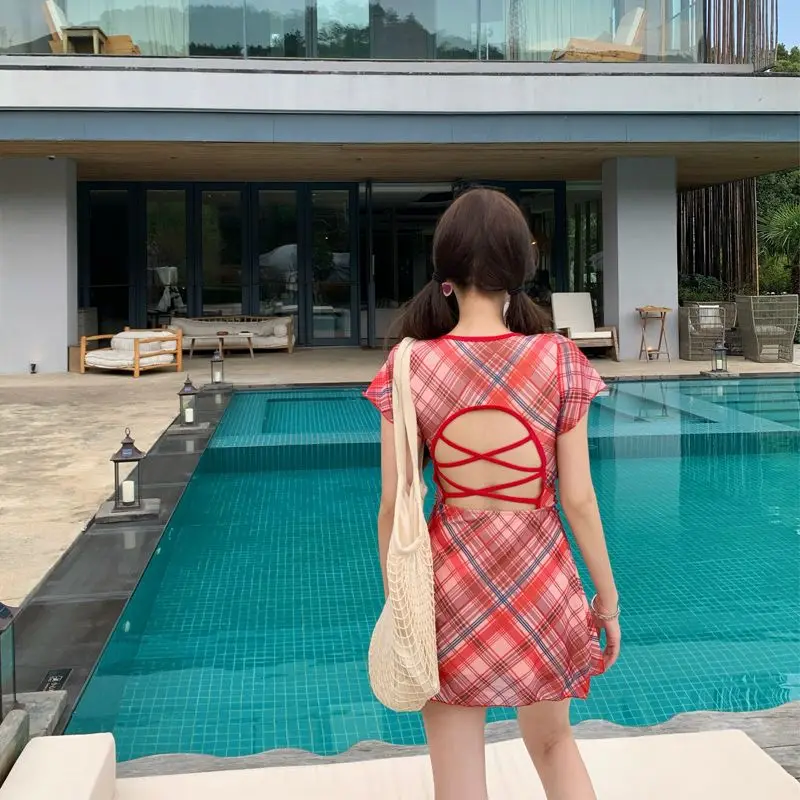 Korean Retro Sweet Girls Plaid One Piece Swimsuit Sexy Backless Beach Mini Dress with Shorts Swimwear Women Holiday Bathing Suit