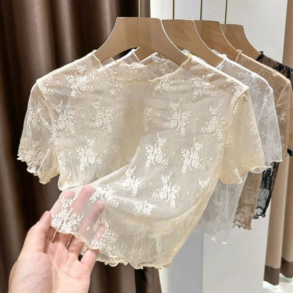 Cool Nylon Lace Short Sleeve Top Short Sleeve Thin Light Fabric Sheer Mesh Blouse Breathable Hollow Out Layering Tee Women