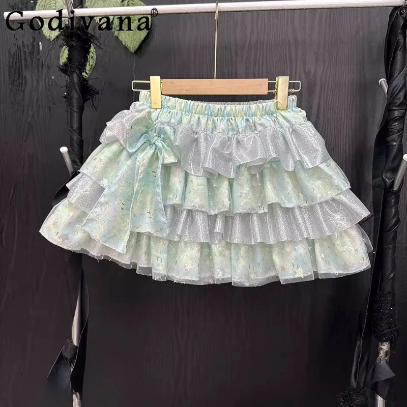 Original Handmade Mini Skirt Ladies Green Print Dopamine Y2k Bow Fluffy Cake Skirt Women's Summer High Waist Mini Skirt