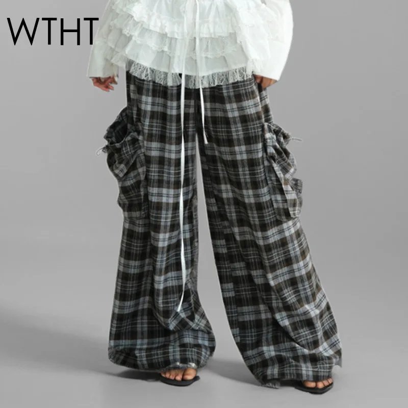 WTHT New Trendy Women Patchwork Double Waist Side Pocket Plaid Pants 2025 Spring Fashion Wide Leg Casual Trousers Female 1LS683