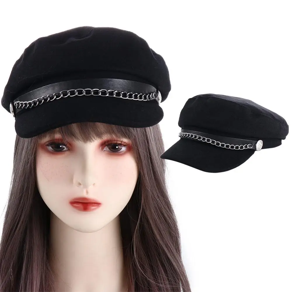 Korean Warm British Style Metal Chian Autumn Winter Women Captain Caps Streetwear Berets Flat Navy Hats Men Sailor Caps