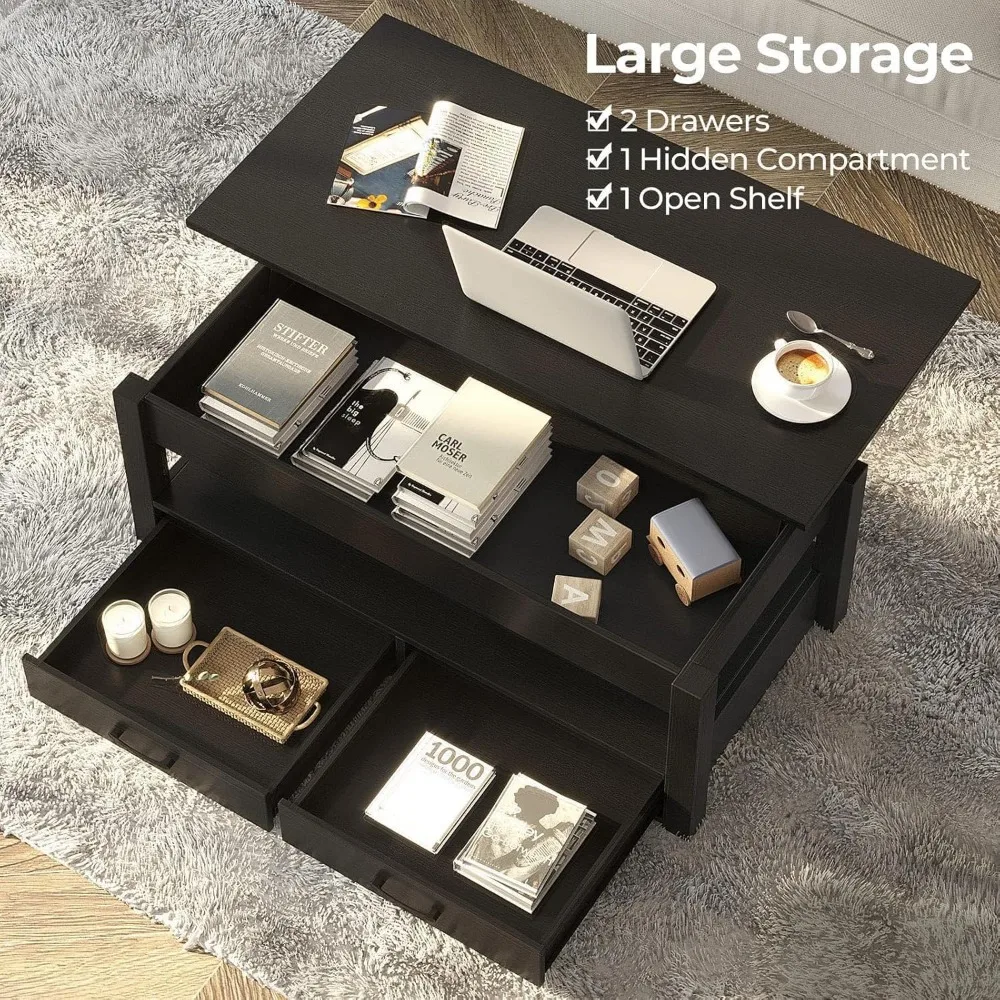 طاولة قهوة قابلة للرفع على الطراز القديم مع أدراج وتخزين سري، قطعة مركزية خشبية على سطح الطاولة