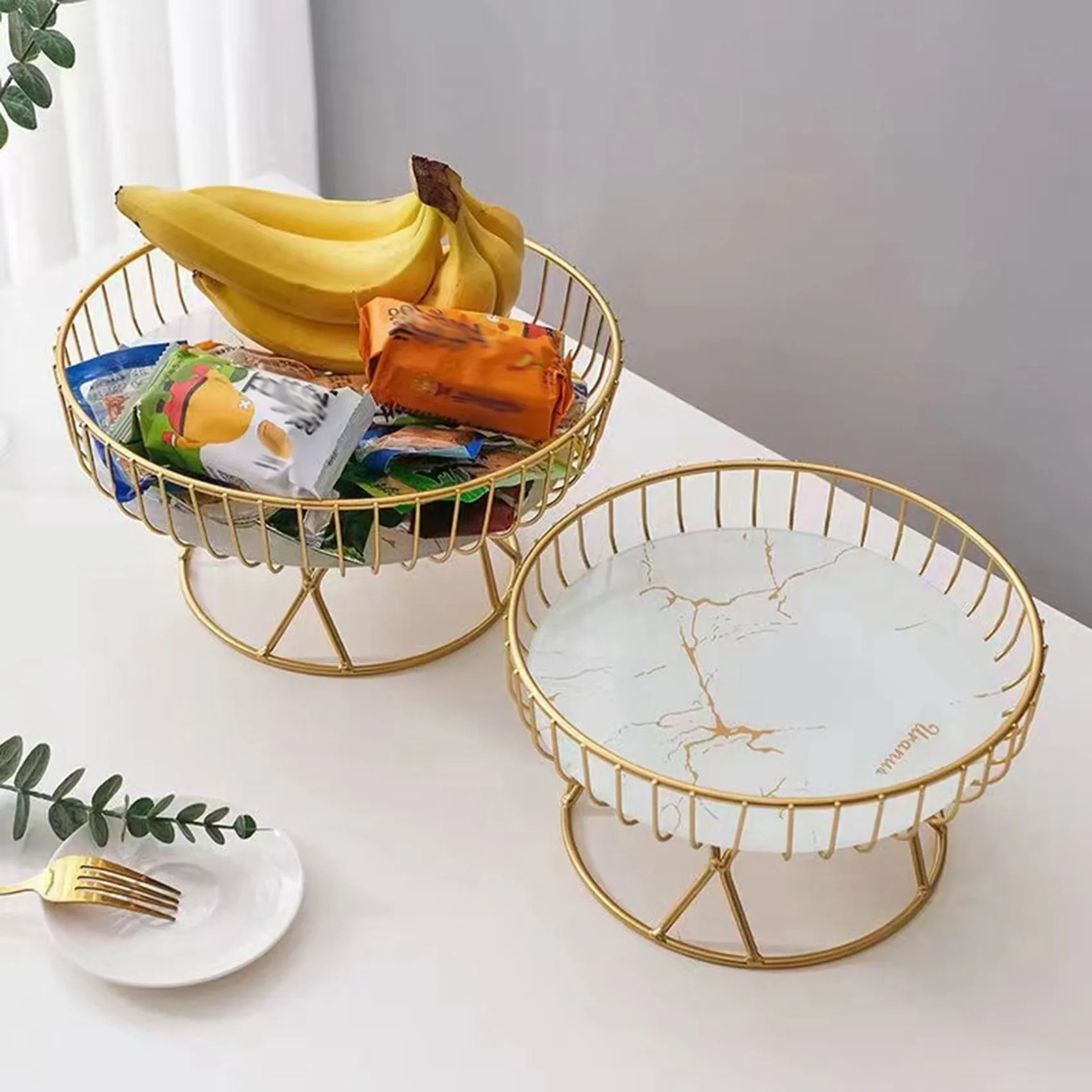 

A26F-Iron Art Nordic Style Light Luxury Marble Pattern Fruit Bowl For Kitchen Counter Pedestal Fruit Bowl For Table