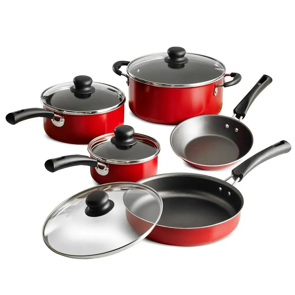 Tramontina 9-Piece Non-Stick Cookware Set Red Saute Pan Deep Saute Pan Sauce Pans Dutch Oven Riveted Handles Tempered Glass Lids