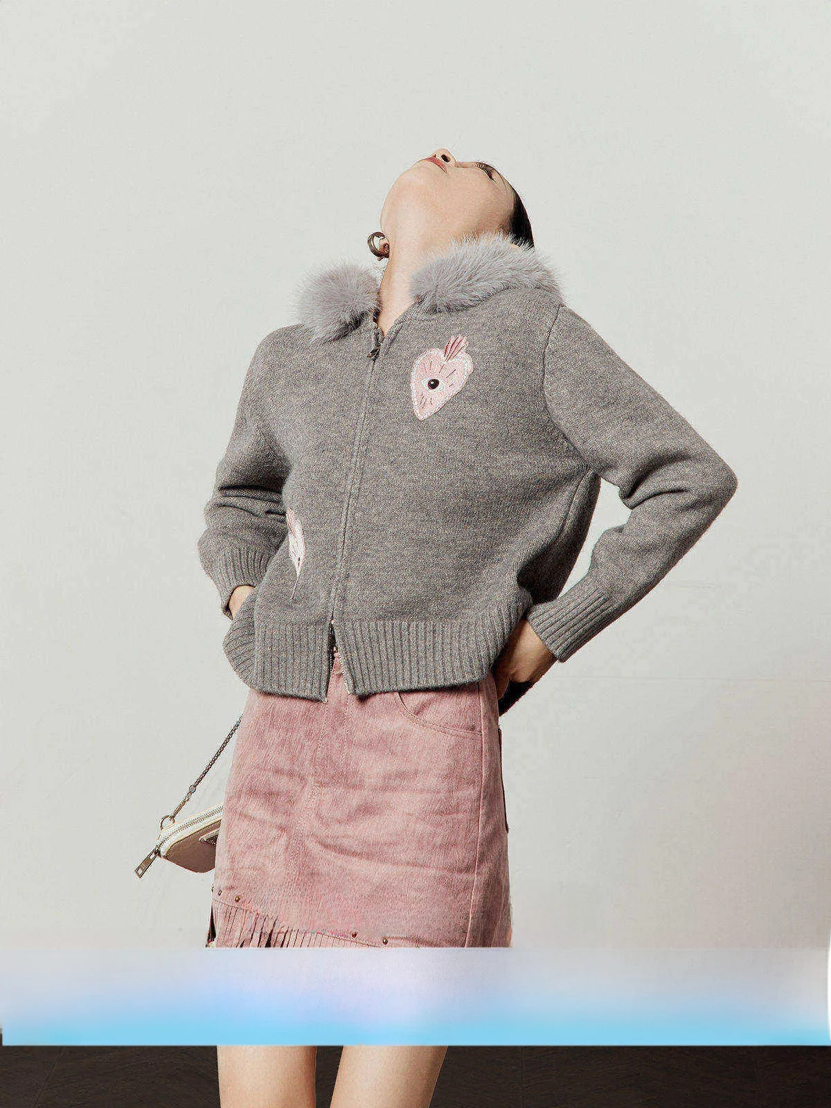 

Gray Knitted Sweater Coat for Women Spring New Style Embroidered Heart Eye Fur Collar Loose Fit Long Sleeve Zipper Closure