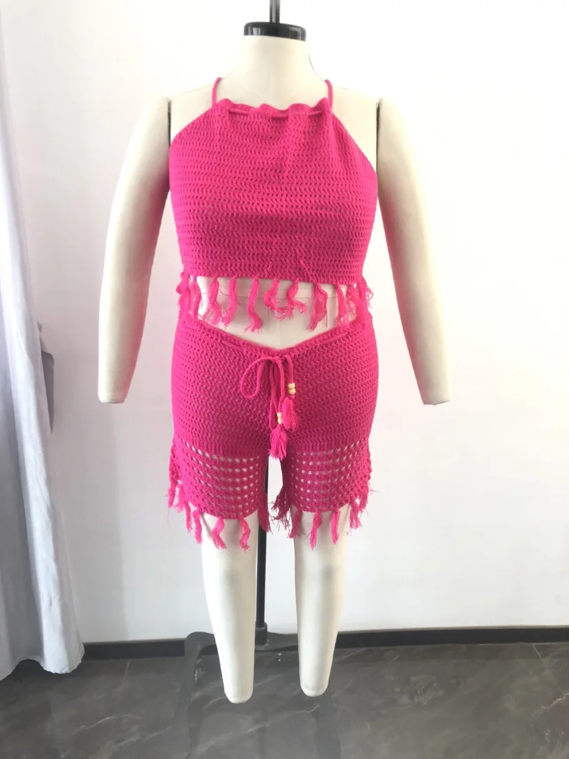 Plus Size Sexy Knitted Tassel Two Piece Set Summer Halter Sleeveless Crop Top Shorts Women Clothings Beach Style Fashion Suits