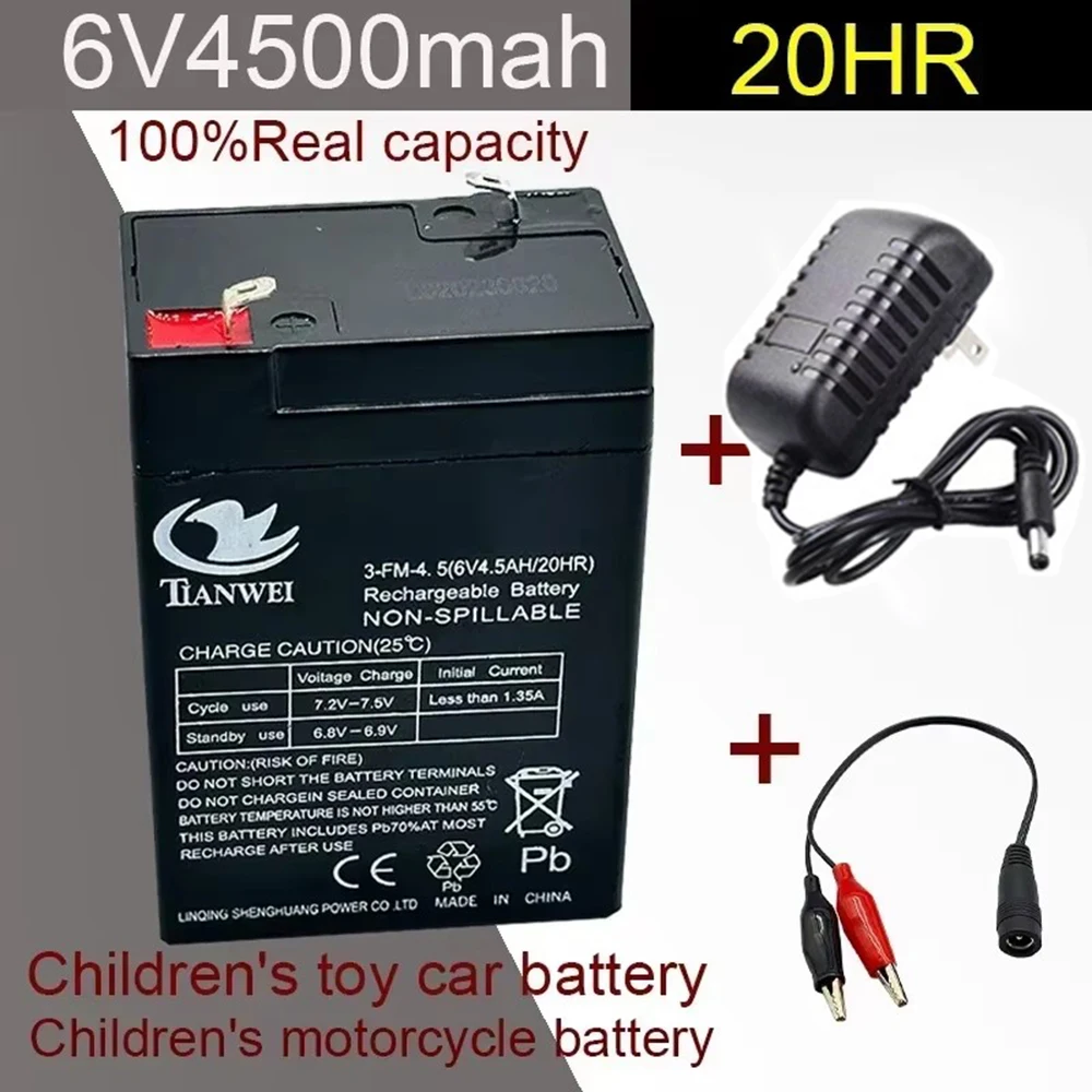 Nueva batería de plomo y ácido de 6V y 4500mAh para coches eléctricos, juguetes, coches, motocicletas, baterías para cochecitos de bebé + cargador