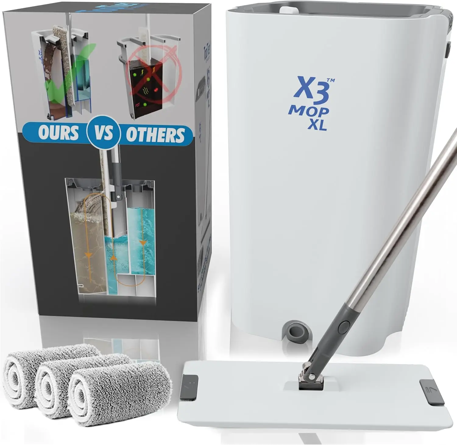 

X3 Mop XL, Separates Dirty and Clean Water, 3-Chamber Design, Flat Mop and Bucket Set