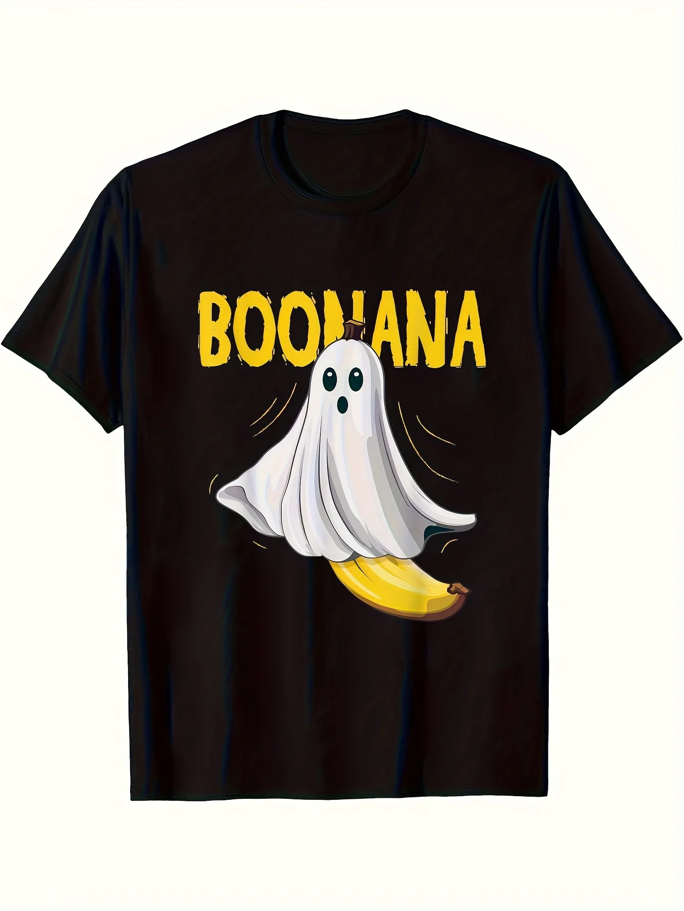 Camiseta de Halloween para hombre - Estampado gráfico de plátano BOONANA, camiseta negra informal de manga corta de corte holgado para fiestas de disfraces, ropa informal, ropa de Halloween, diseño divertido de dibujos animados, atuendo festivo, estilo divertido, fácil de cuidar, camiseta estampada, compras festivas
