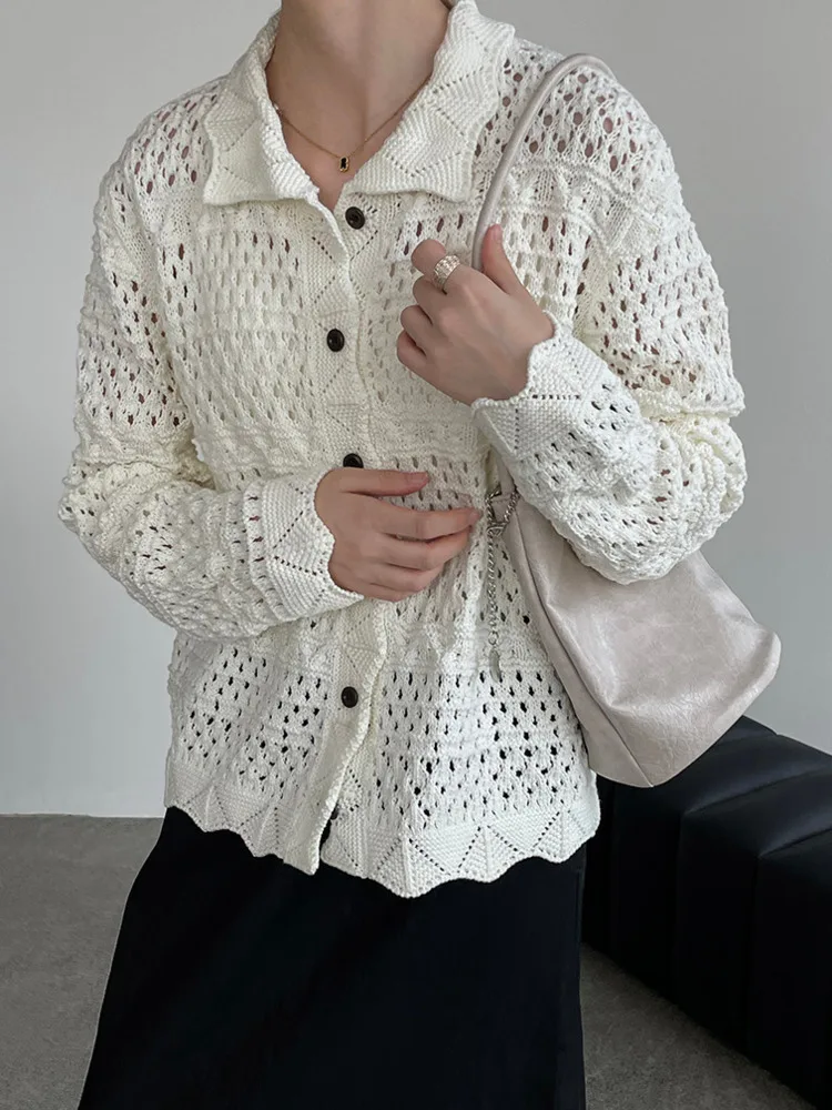 WHTREND 여성용 한국 스타일 웨이브 레이스 중공 니트 카디건 싱글 브레스트 스웨터 코트 WH1389