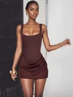 Women Solid Pleated Sling Sleeveless Dress Off-shoulder Waist Cinching Square Neck Slim Dresses Summer Evening Party Gowns 2026 - Image 6