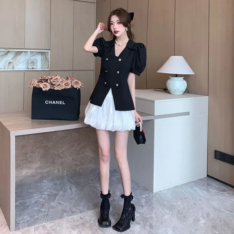 Conjunto elegante de manga curta com casaco crop top e minissaia feminino, moda coreana, senhora do escritório, casual, verão, festa, 2 peças