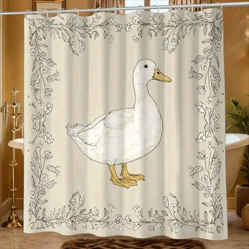VIKAMA Hand-Drawn Duck Shower Curtain, Fresh Pastoral Print, Waterproof & Mildew-Proof Cozy Bathroom Partition Curtain