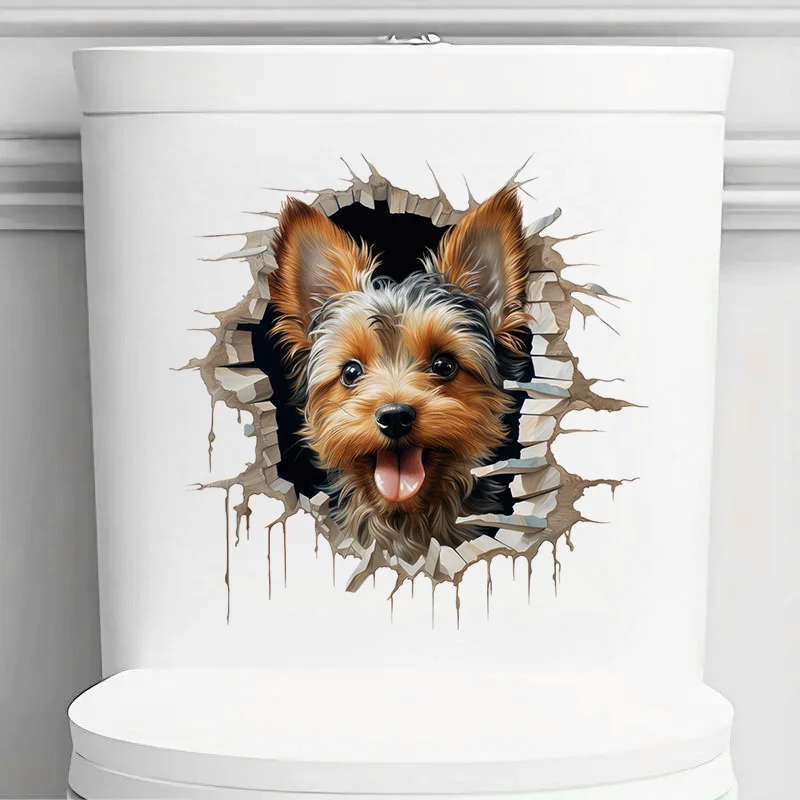 90920# Cute Yorkshire Terrier Breaking Through the Wall Toilet Stickers, Bedroom Entryway Living Room Porch Home Decoration Wall
