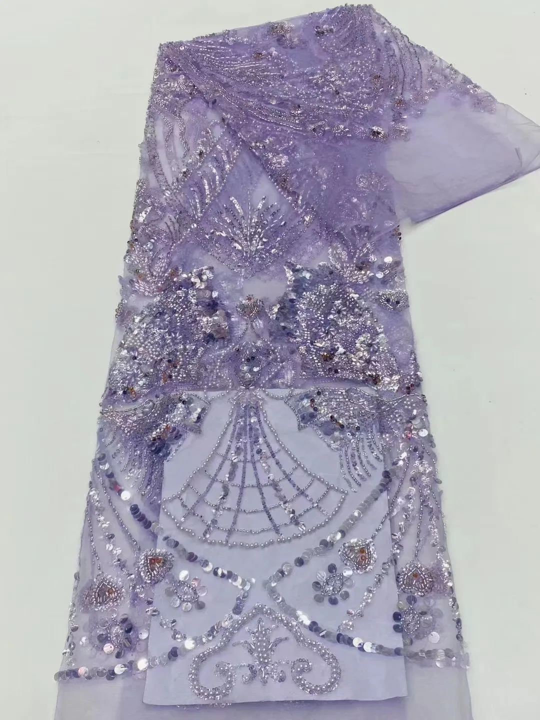 

Purple Latest Luxury Elegant Embroidery Heavy Groom Lace Fabric African Tulle Sequins Lace Fabric For Wedding Party Dress