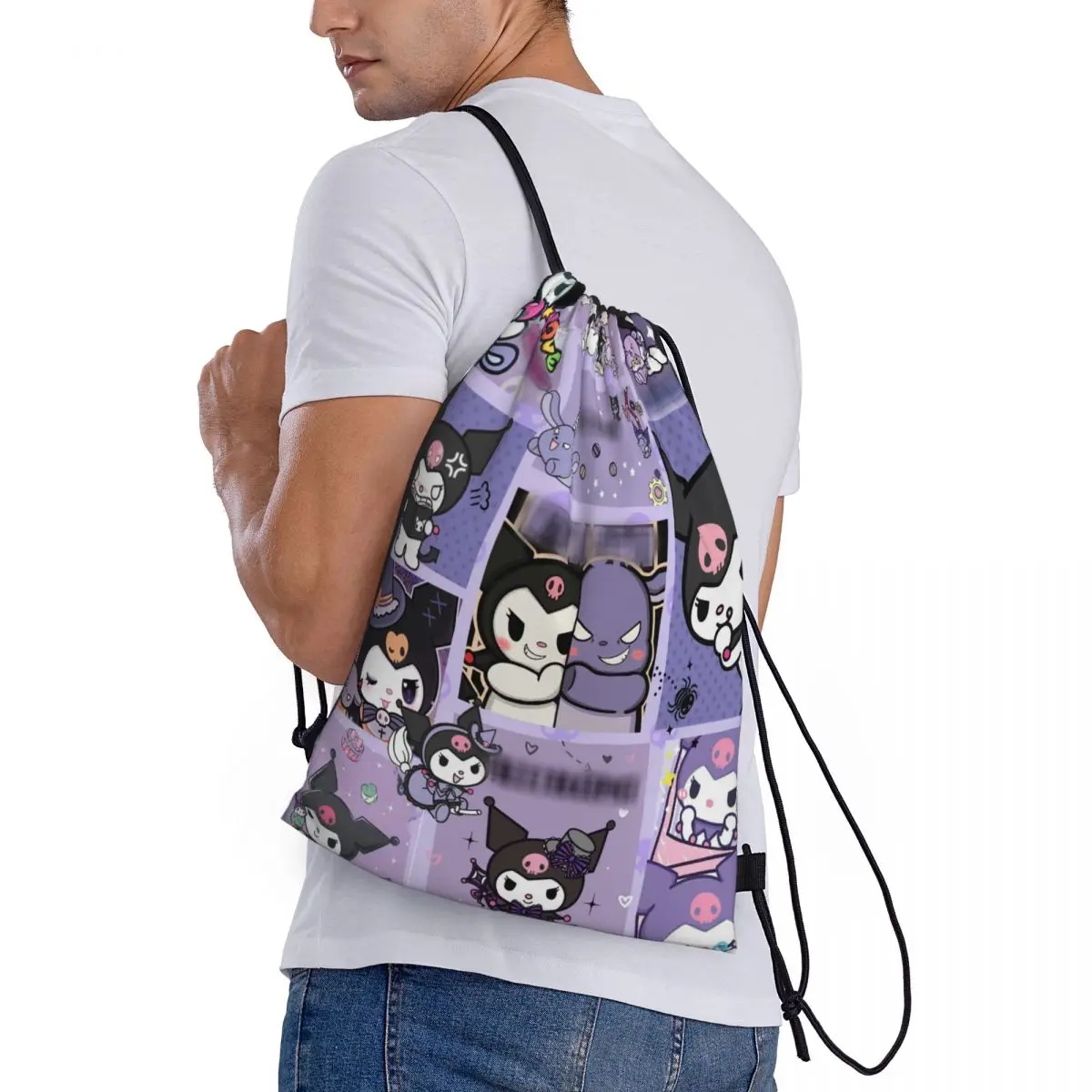 Kuromi-Portátil Engrossar Drawstring Sports Bag, Montando Mochila, Ginásio Sapatos Saco, Mochilas Roupas