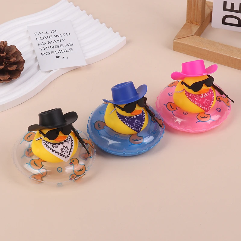 1 Set Office And Home Duck Decoration Ornaments With Swim Ring Hat Rubber Duck For Car Dashboard Squeaky Duck Bath Toy