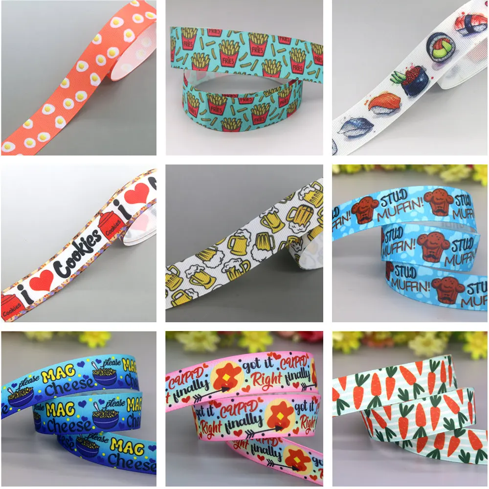 DHK 50yards Drink Food Sushi Fries Beer Cheese Cupid Cookie Egg Peanut Printed Grosgrain Ribbon Collar DIY Sewing Craft S2591