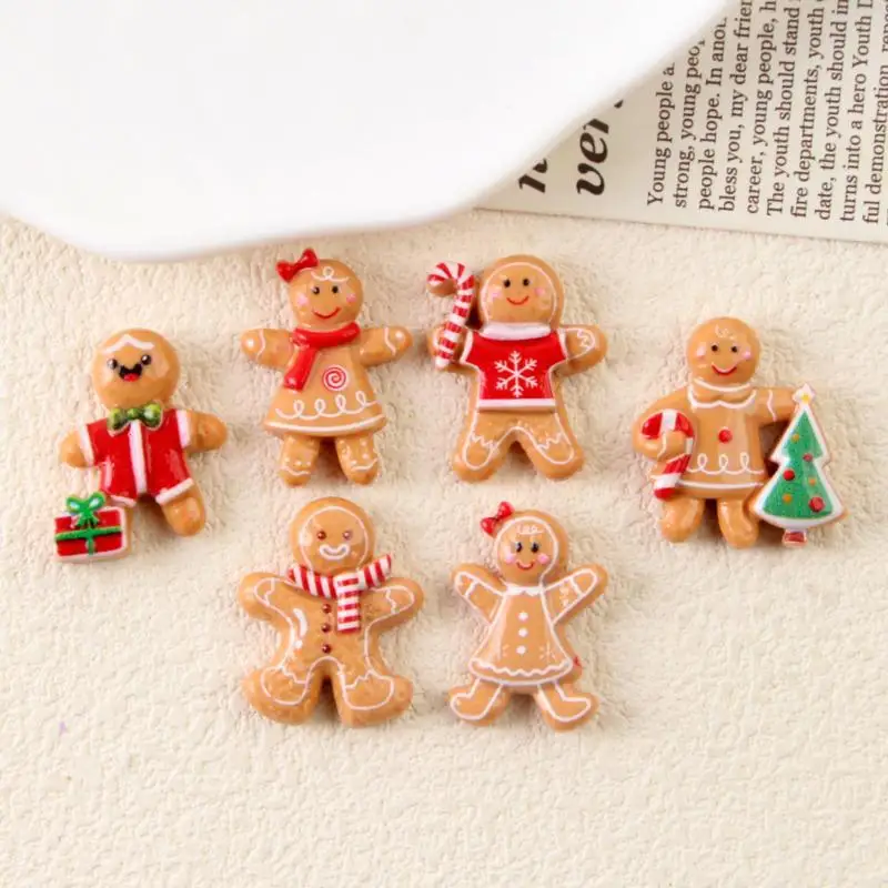 Cute 10Pcs Christmas Gingerbread Man Resin Flatback Pieces, DIY Supplies for Hairpins Jewelry Making Xmas Tree Small Decorations